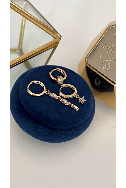 SU PERİSİ TAKI BİJUTERİ Gold Zircon Drop Stone Star Detail 3-Piece Set of Earrings