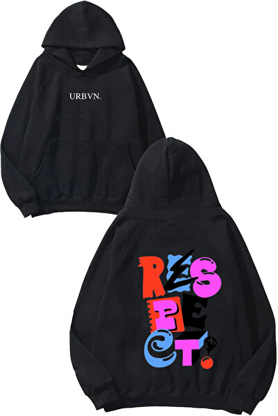 urbvn Respect Font Design Printed Oversized Black Hooded Sweatshirt