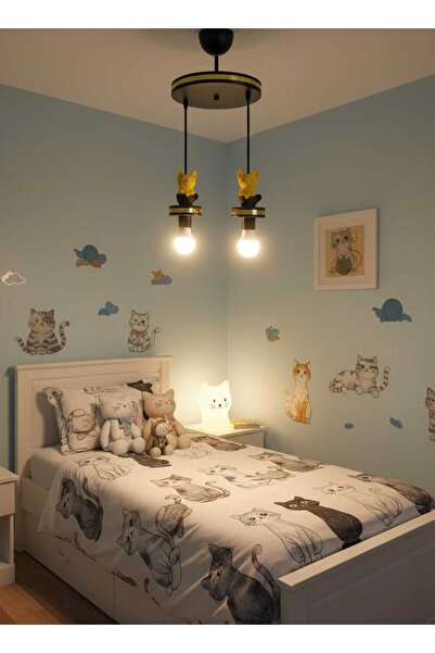 Eyzhen Çocuk Odası Sarı Kedi Figürlü Hologram Şeritli 2'li Sarkıt Avize