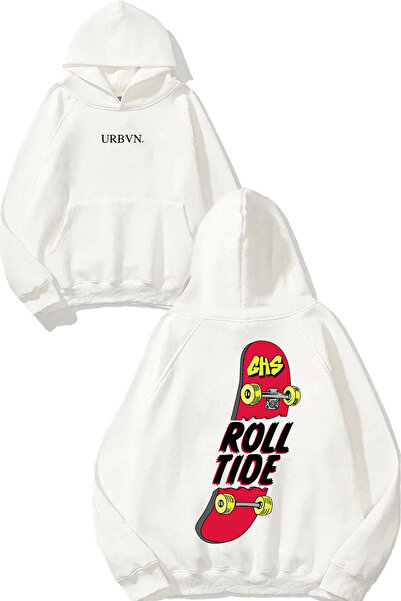urbvn رول تايد ديزاين مطبوع قصة فضفاضة سويت شيرت أبيض بغطاء رأس