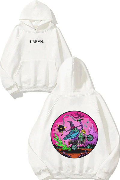 urbvn تصميم ساحرة الهالوين مطبوع قصة فضفاضة سويت شيرت أبيض بغطاء رأس