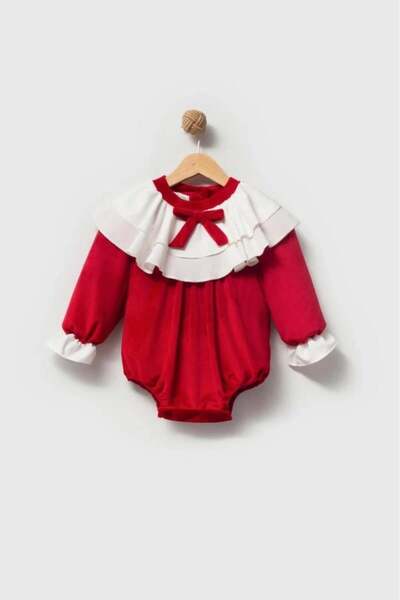 Magu Baby Girl Cotton Red Bowknot Flounce Collar Long Sleeve Romper – Stylish Velvet-Looking Design