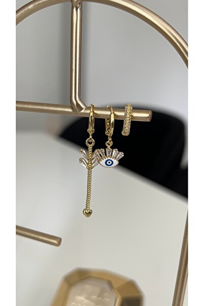 SU PERİSİ TAKI BİJUTERİ Gold Ok and Eye Detail 3-Piece Set of Earrings