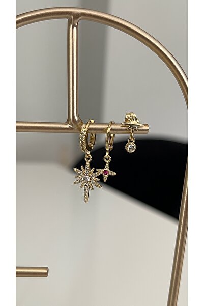 SU PERİSİ TAKI BİJUTERİ Gold Pink Stone Detailled North Star 3-Piece Set of Earrings