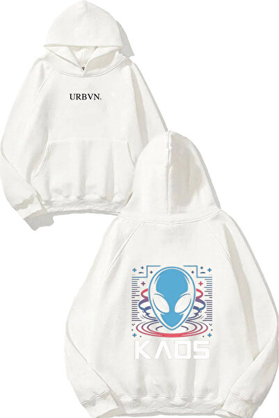 urbvn تصميم كايوس مطبوع قصة فضفاضة سويت شيرت أبيض بغطاء رأس