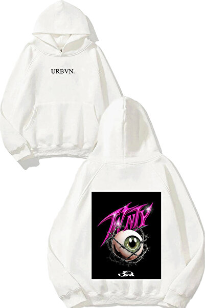 urbvn تصميم عين مبتسمة مطبوع قصة فضفاضة سويت شيرت أبيض بغطاء رأس