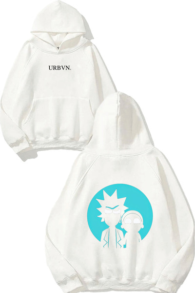 urbvn ريك مورتي بلو ديزاين مطبوع قصة فضفاضة سويت شيرت أبيض بغطاء رأس