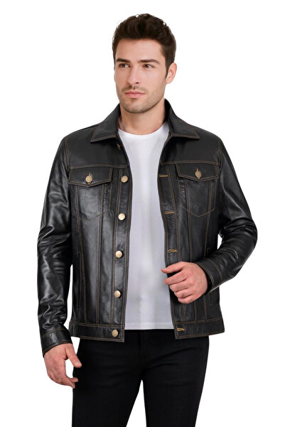 DERİJE Sanchez Genuine Leather Men's Black Denim Model Jacket