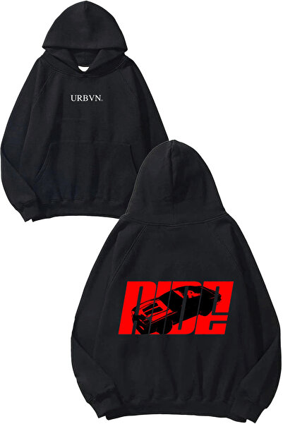 urbvn سويت شيرت رايد ريد ديزاين مطبوع قصة فضفاضة أسود بغطاء رأس