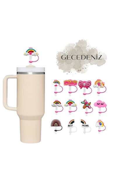 GECEDENİZ Thermos Compatible Straw Stopper Yellow Starry Rainbow