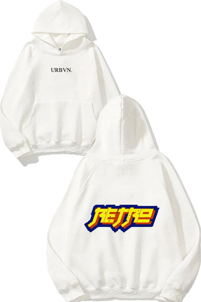 urbvn ريتري ديزاين مطبوع قصة فضفاضة سويت شيرت أبيض بغطاء رأس