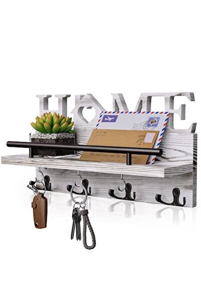 Home4U SWTYMIKI Key Organizer with Shelf, 7 Hooks, Wall Mount, Wood, White