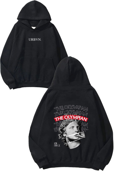 urbvn The Olympian Design Printed Oversized Black Hooded Sweatshirt