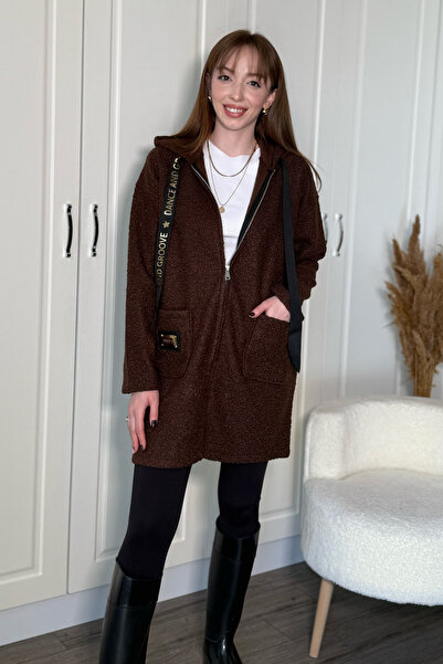 Dilay Gökoğlu Butik Плюшен качулат кардиган с цип до коленете в мек кафяв цвят