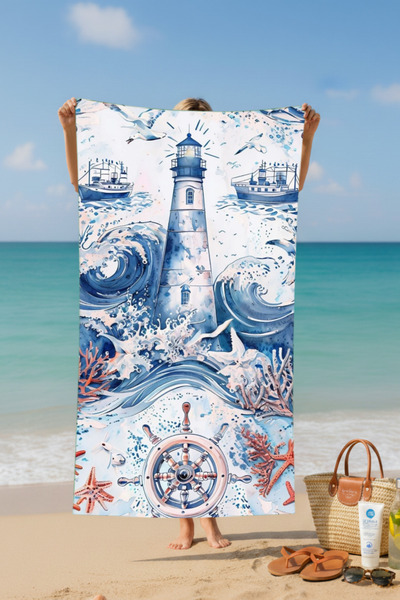BETHA Lighthouse Patterned Cotton Beach Towel – Patterned Design – 75X150 cm