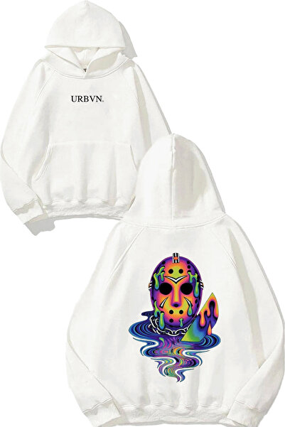 urbvn تصميم قناع الهالوين مطبوع قصة فضفاضة سويت شيرت أبيض بغطاء رأس