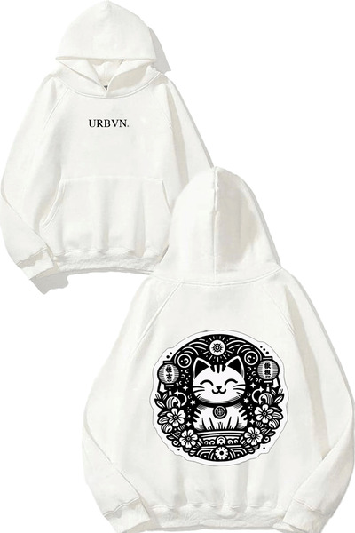 urbvn سترة كيتي الصينية بتصميم مطبوع قصة فضفاضة باللون الأبيض بغطاء رأس