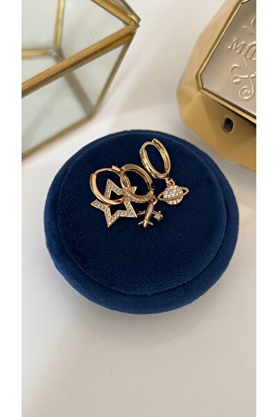 SU PERİSİ TAKI BİJUTERİ Gold Star, Aircraft and Planet Detailled 3-Piece Set of Earrings