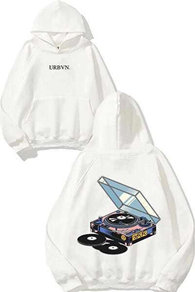 urbvn تصميم بلاك مطبوع قصة فضفاضة سويت شيرت أبيض بغطاء رأس