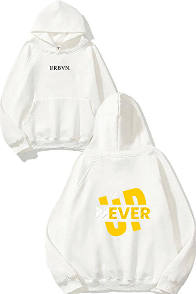urbvn Never Give Design Printed Oversized White Hooded Sweatshirt