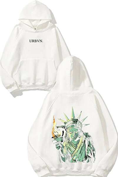 urbvn Liberty Sculpture Design Printed Oversized White Hooded Sweatshirt
