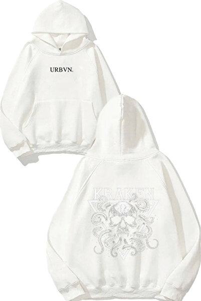 urbvn تصميم جمجمة كراكن مطبوع قصة فضفاضة سويت شيرت أبيض بغطاء رأس