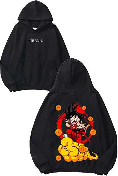 urbvn سويت شيرت أنيمي أورانج ديزاين مطبوع قصة فضفاضة أسود بغطاء رأس