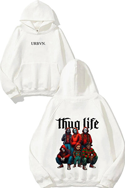 urbvn تصميم هالوين ثاغ لايف مطبوع قصة فضفاضة سويت شيرت أبيض بغطاء رأس