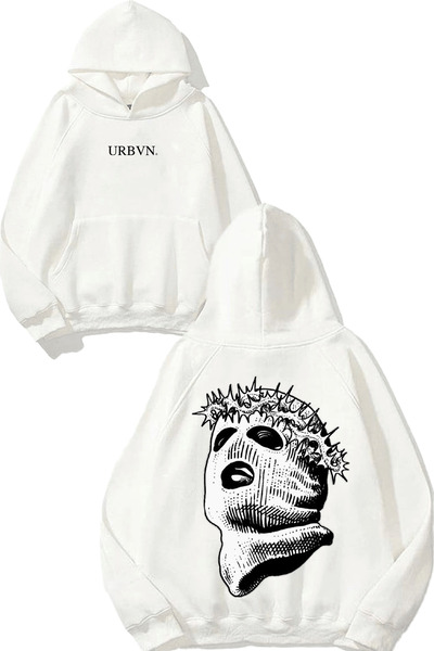urbvn تصميم ماسك مان مطبوع قصة فضفاضة سويت شيرت أبيض بغطاء رأس