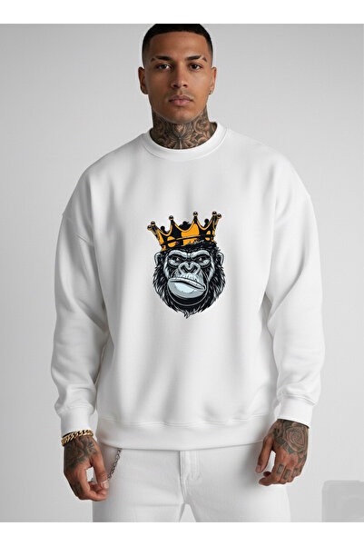 LORVEX Swea alb oversize tricou cu imprimeu King Monkey cu guler tip crewneck