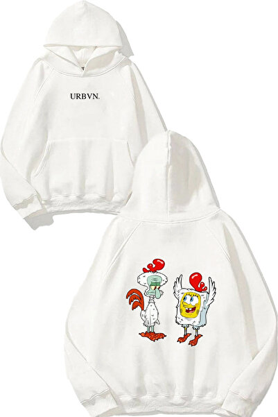 urbvn تصميم سبونج بوب للدجاج مطبوع قصة فضفاضة سويت شيرت أبيض بغطاء رأس