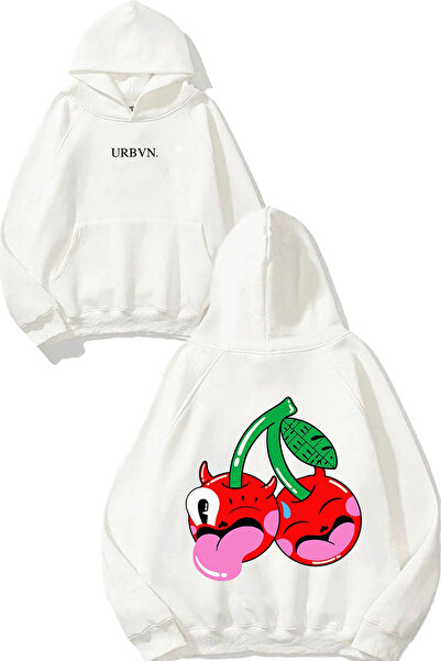 urbvn سويت شيرت هيلو تشيري ديزاين مطبوع قصة فضفاضة أبيض بغطاء رأس