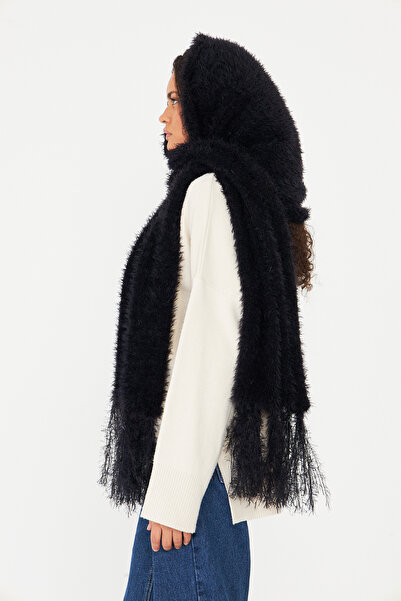 OX-RA Black Soft Textured Bearded Tassel Detailed Scarf, Shawl