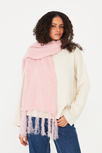 OX-RA Powder Pink Soft Textured Bearded Tassel Detailed Scarf, Shawl