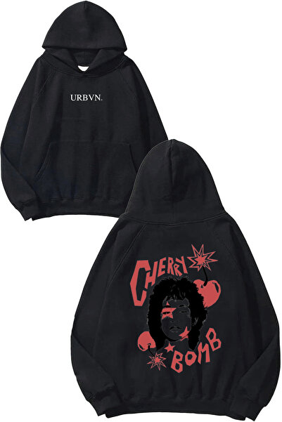 urbvn سويت شيرت تشيري بومب ستار ديزاين مطبوع قصة فضفاضة أسود بغطاء رأس