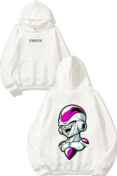 urbvn تصميم روبوت سمايل مطبوع قصة فضفاضة سويت شيرت أبيض بغطاء رأس