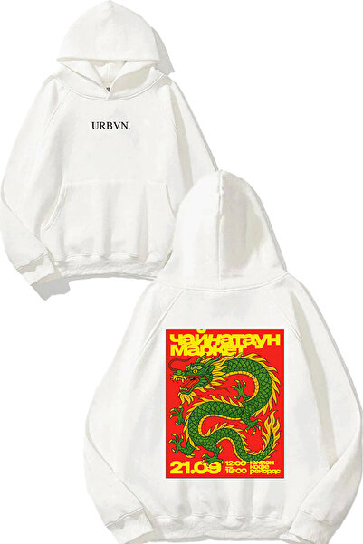 urbvn سويت شيرت دراجون ديت ديزاين مطبوع قصة فضفاضة أبيض بغطاء رأس