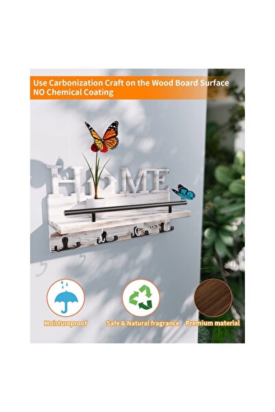 Home4U SWTYMIKI Key Organizer with Shelf, 7 Hooks, Wall Mount, Wood, White