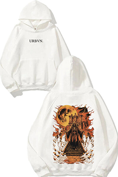 urbvn تصميم جمجمة الهالوين مطبوع قصة فضفاضة سويت شيرت أبيض بغطاء رأس