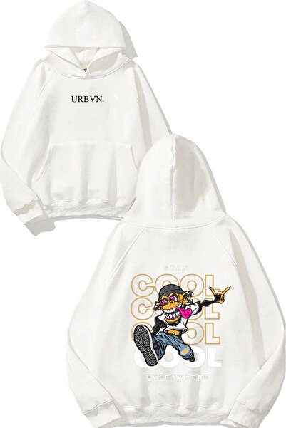 urbvn Cool Monkey Design Printed Oversized White Hooded Sweatshirt
