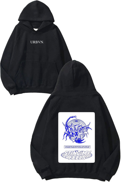urbvn ستينغ فيل ديزاين مطبوع قصة فضفاضة سويت شيرت أسود بغطاء رأس