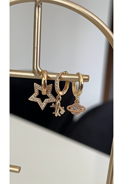 SU PERİSİ TAKI BİJUTERİ Gold Star, Aircraft and Planet Detailled 3-Piece Set of Earrings