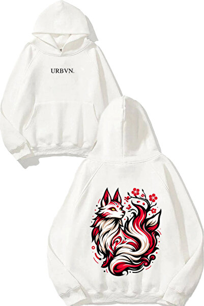urbvn سويت شيرت صيني بتصميم فوكس مطبوع قصة فضفاضة أبيض بغطاء رأس