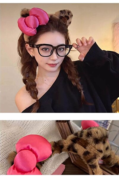 Madam Nora ربطة شعر من القطيفة بنقشة الفهد مع فيونكة وردية - عصابة رأس ناعمة ...