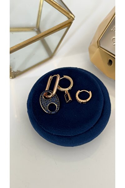 SU PERİSİ TAKI BİJUTERİ Gold Blue Zircon Stone Button Model Set of 3 Earrings