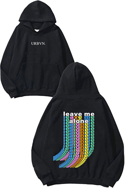 urbvn Leave Me Design مطبوع قصة فضفاضة سويت شيرت أسود بغطاء رأس