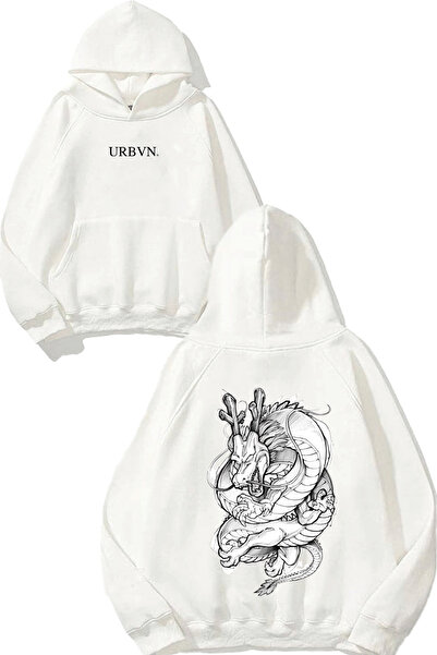 urbvn سويت شيرت بتصميم دراجون تانجلد مطبوع قصة فضفاضة أبيض بغطاء رأس