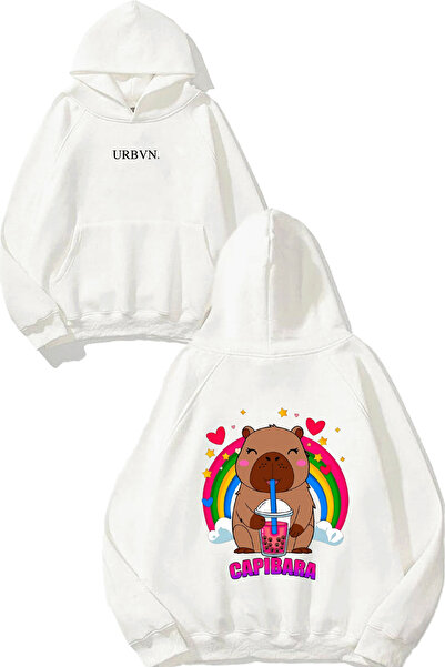 urbvn تصميم كابيبارا بابلتي مطبوع قصة فضفاضة سويت شيرت أبيض بغطاء رأس