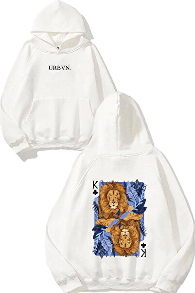 urbvn كنزة كينج ليون ديزاين مطبوع قصة فضفاضة بيضاء بغطاء رأس