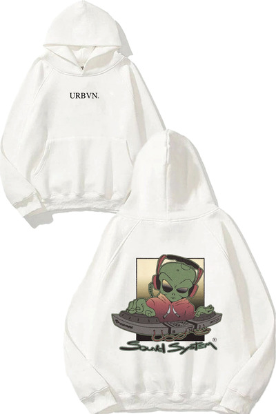 urbvn Dj Alien Design Printed Oversized White Hooded Sweatshirt